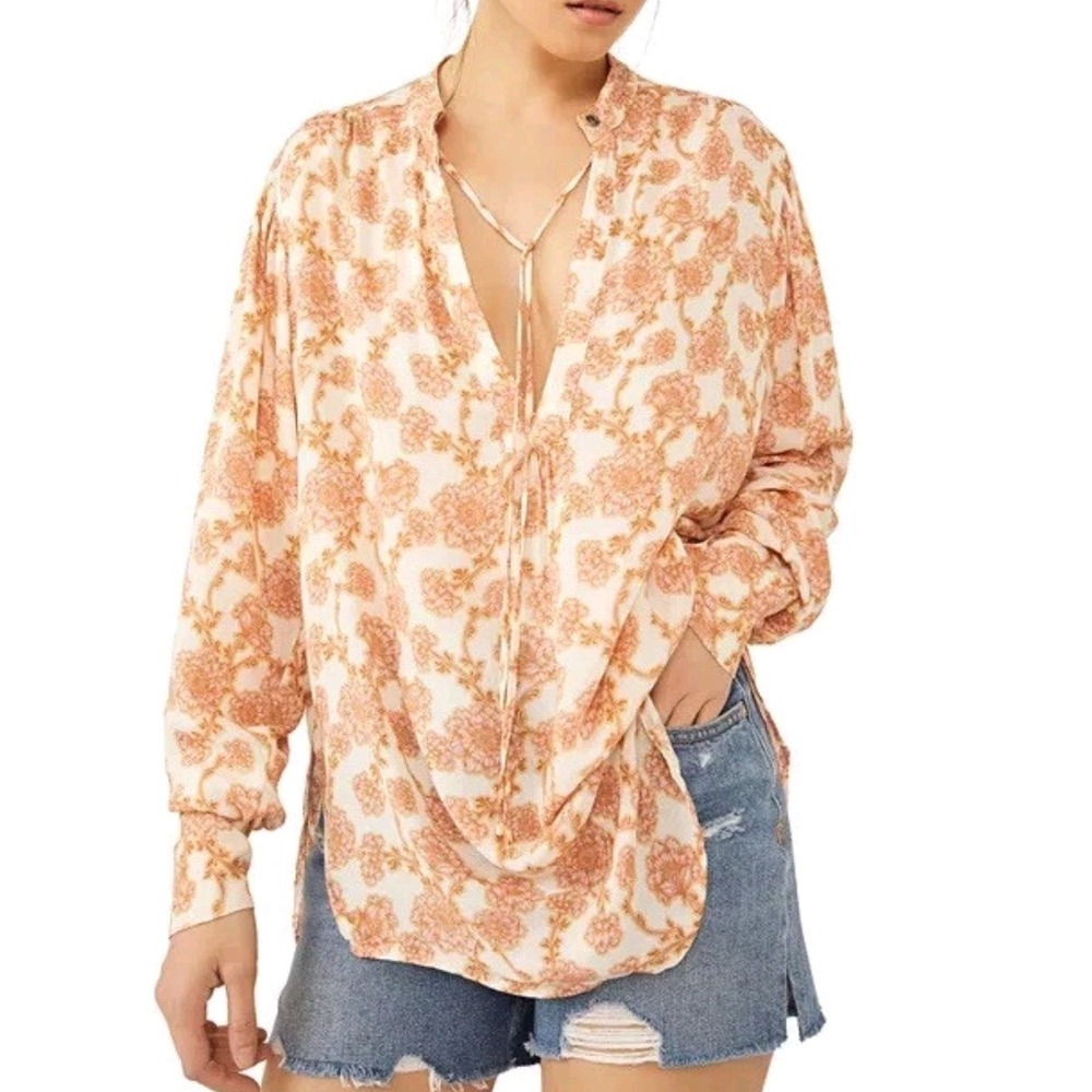 Free People MIA Floral Damask Split Neck Tie Blouse Peach Cream boho Paisley XS